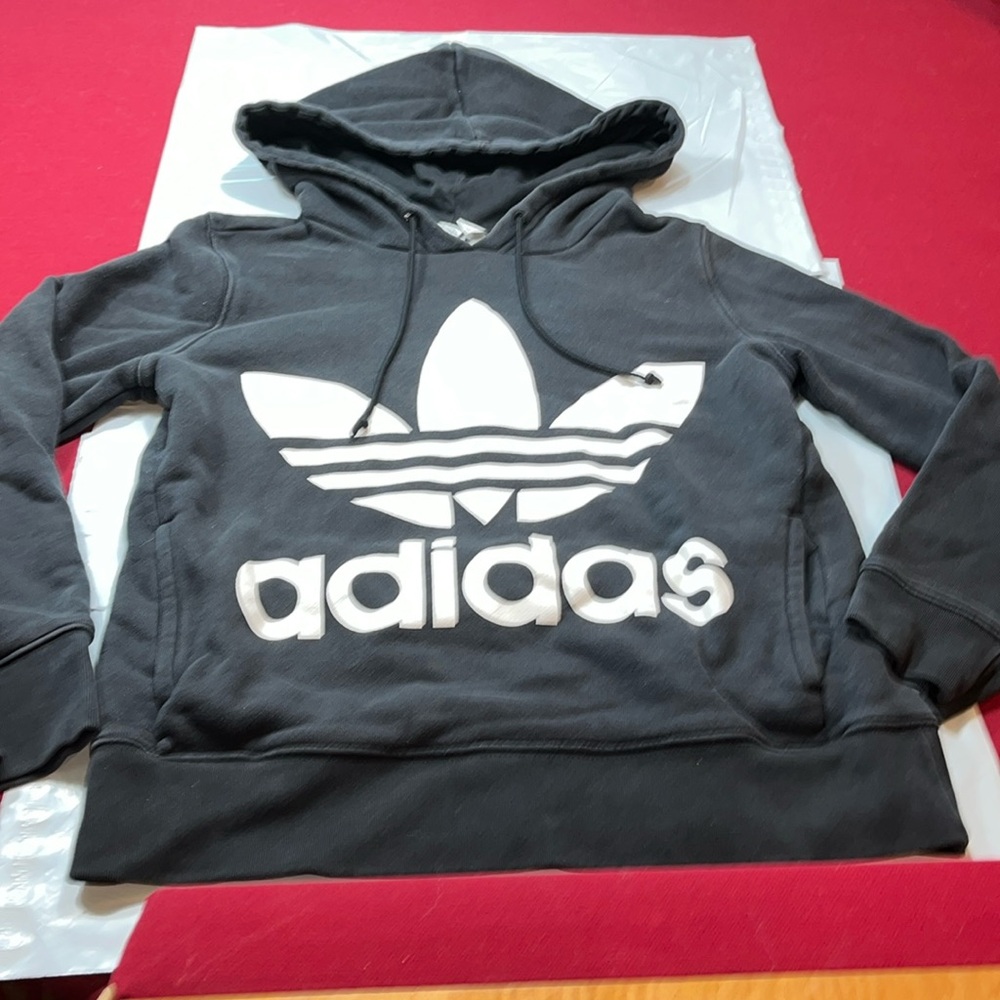 Adidas WHITE Trefoil BIG Logo XS mens BLACK HOODIE Heavyweight Sweatshirt hooded